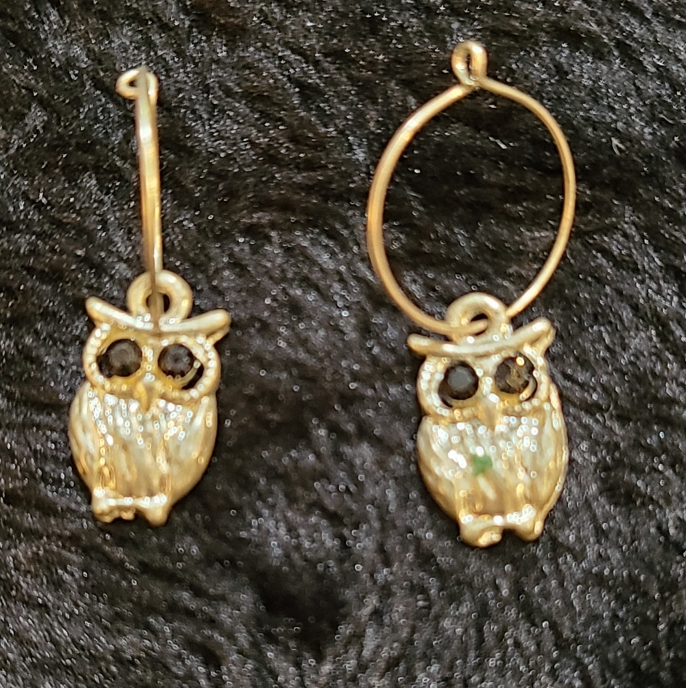 Homemade small hoop with dangling owl earrings (148)